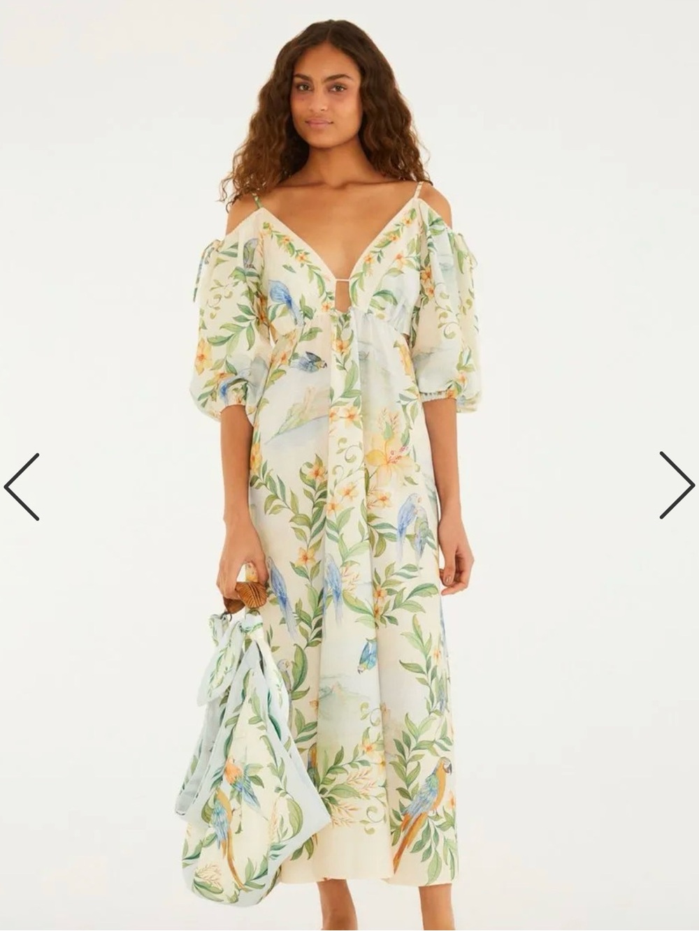 FARM Rio Pastel Green Floral & Bird Cold-Shoulder Maxi Dress